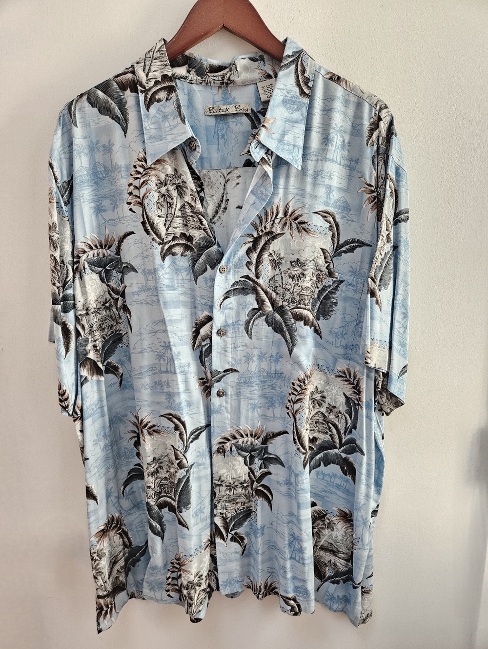 Batik Bay Hawaiian Shirt Blue Rayon Tropical Print Button Down Camp Collar